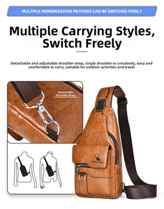Detail of adjustable strap and metal hook on vintage brown waterproof chest bag