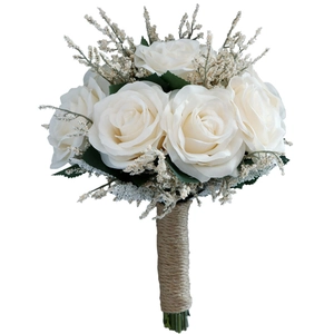 Artificial white rose bridal bouquet for wedding with twine wrapped handle and greenery