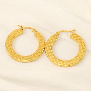 Hoop Earrings 18K Gold Plated Stainless Steel Star Pattern Textured Exaggerated Retro Fashion For Women