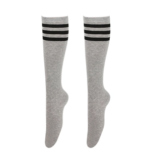 Macro detail of grey knee-high socks with three black stripes on premium knit fabric