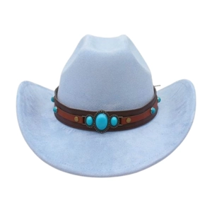 Light blue western cowboy hat with turquoise ethnic leather band on white background