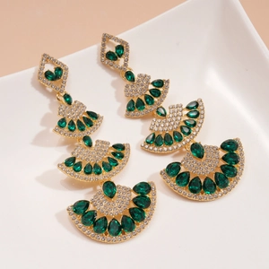 Elegant emerald green and gold fan-shaped drop earrings with brilliant micro-pave crystals