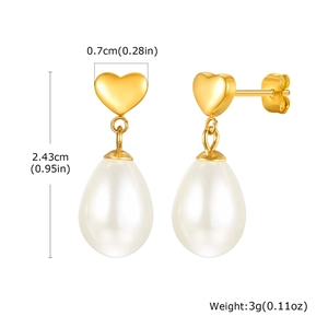 Detail view of heart stud earrings with pearl drop showing size 2.43cm and 3g weight