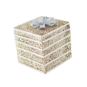 Champagne gold glitter Christmas gift box ornament with silver bow for holiday tree decor
