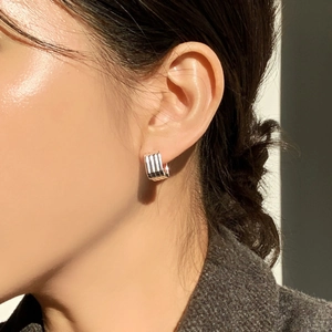 Minimalist square geometric 925 sterling silver hoop earrings with vertical stripe texture