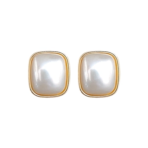 Elegant rectangular gold earrings with large white pearls shown in a centered flat lay