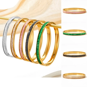 Stainless Steel Bangle Bracelet Colorful Baguette Cut Zircon Channel Setting Gold Plated Elegant Jewelry For Women