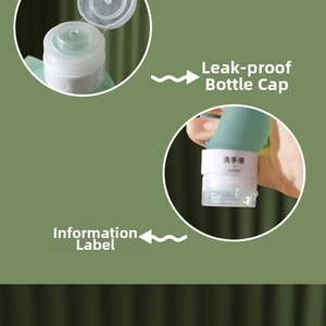 Detail view of mint green silicone travel bottle with leak-proof cap and soap label
