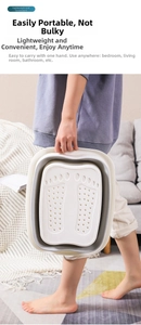 Foldable foot spa bucket in a compact slim state shown held easily with one hand