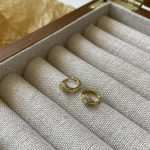 Detail view of 18K gold plated S925 silver flower stud earrings set in a wooden box