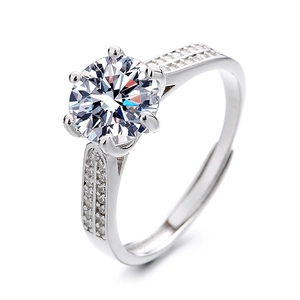 Luxurious 2-carat six-prong silver ring with a round zircon and adjustable open band