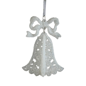Sparkling white Christmas bell decoration with glitter finish and elegant bow tie hang