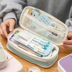 Detail of multi-layer pencil case with mesh pocket and elastic pen slots in blue white