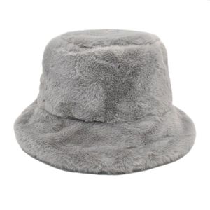 Detailed texture of thick grey plush faux fur winter bucket hat on white background