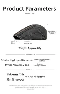 Detailed sizing and material specs for the vintage washed cotton newsboy cap in grey