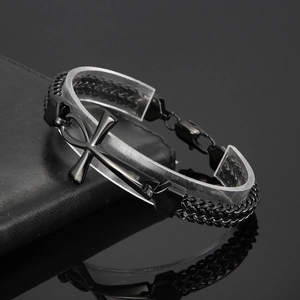 Vintage Armband aus schwarzem Edelstahl mit doppelreihigem Geflecht und Ankh-Kreuz