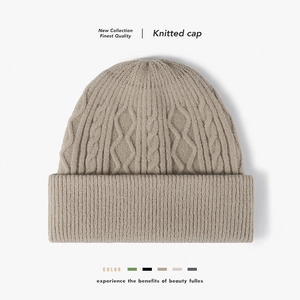 Winter Thick Warm Wool Knit Beanie Hat For Men Women Cable Knit Jacquard Cuffed Brimless Hat Outdoor Windproof Cold Weather Skull Cap