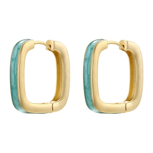 Close-up of rectangular gold-plated hoop earrings with vibrant mint green enamel inlay