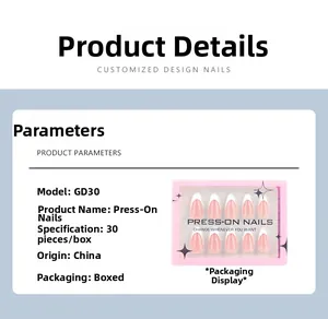 Detail view of 30-piece pink French press-on nails set in short almond shape