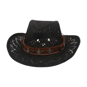 Black hollow weave straw cowboy hat with ethnic style brown band and metal coins