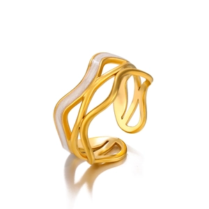 Adjustable wavy gold ring with white enamel accents and hollow cut-outs for women