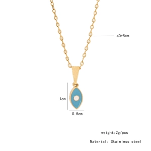 Macro shot of gold stainless steel necklace with blue eye pendant and size details