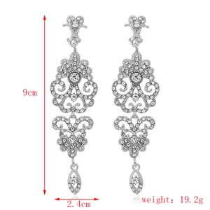 Silver-tone hollow vintage bridal earrings with rhinestones measuring 9cm by 2.4cm