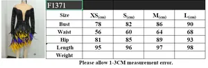 Size chart detail for sequin feather dress F1371 showing XS to L measurements in cm