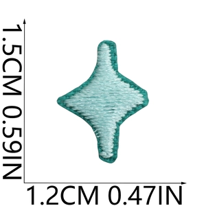Macro detail of a small light blue four-pointed star embroidered patch with dimensions