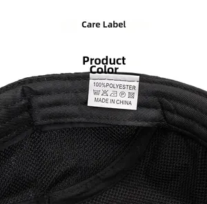 Detail of breathable black mesh lining and 100% polyester care label on the baseball cap