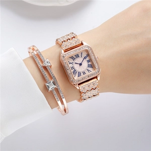 Elegant rose gold square watch set with rhinestones and matching geometric bracelet
