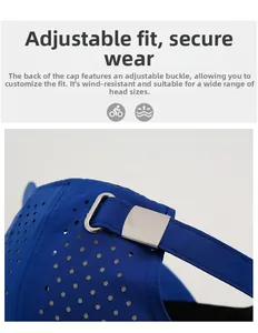 Detail of adjustable metal buckle and laser ventilation holes on royal blue baseball cap