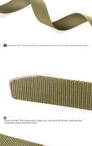 Detail of army green nylon tactical belt showing laser-cut edges and weave texture