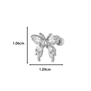 Clou d'oreille papillon en acier inoxydable argenté avec ailes en zircone cubique
