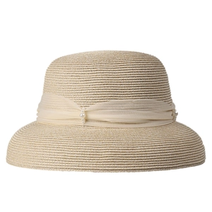 Cappello a campana retrò francese in paglia con nastro di chiffon e perle da donna
