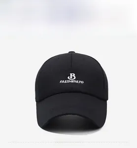 Detailed front view of black cotton baseball cap with white B FAESHENLTG embroidery