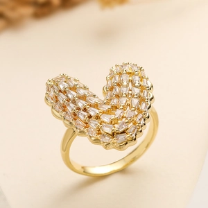 Luxe gold heart ring with micro-paved cubic zirconia, minimalist V-shaped design