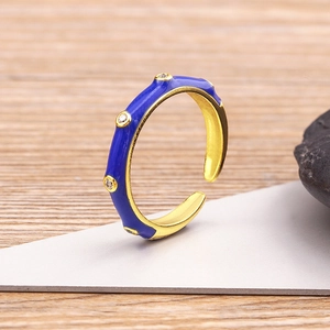 Chic 18K gold plated blue enamel open ring with sparkling white cubic zirconia accents