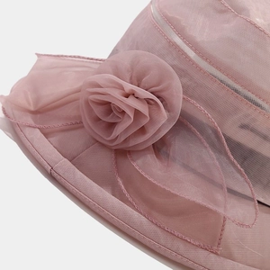 Elegant pink organza sun hat for women featuring detailed floral trim and airy mesh texture