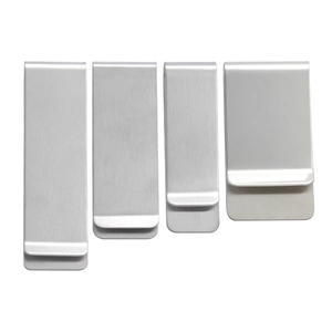 Polished silver stainless steel money clips and tie bars set on white background