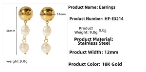 Detail view of 18K gold-plated stainless steel earrings with baroque pearl tassels