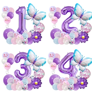Butterfly Birthday Balloons Aluminum Foil And Latex Large Number Flower Column For Girls Party Decoration