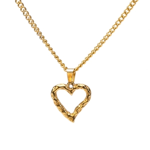 Minimalist titanium steel heart necklace with hammered texture gold finish on white background