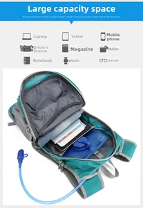 Detail view of multi-compartment cycling backpack showing 2L hydration system and inner storage