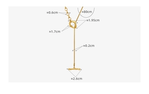 Detail of 18k gold plated stainless steel sweater chain with size specs and OT buckle