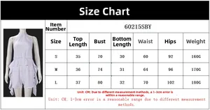 Detailed size chart for the backless fringe halter shorts set in sizes S, M, and L