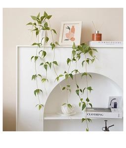 Detail of green artificial clematis hanging vine on a white minimalist arch decor