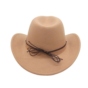 Detail of camel wool western cowboy hat with brown braided rope band and small bow