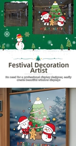 Detail of Christmas window stickers featuring snowman and dog with Merry Christmas text