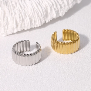 Minimalist Vertical Ribbed Adjustable Ring Stainless Steel Wide Band Stripe Punk Design For Women